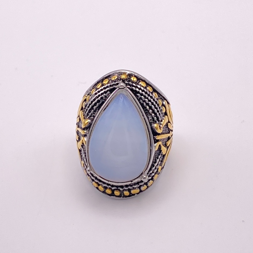 Tear Drop Moonstone in Silver and Goldtone Stainless Steel; Size 12